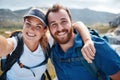 Nature, couple and hiking selfie portrait with smile for fun, adventure and health lifestyle in Mexico. Mountain