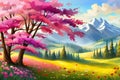 Nature. Cute illustration spring landscape, meadow field flowers and mountains for poster Royalty Free Stock Photo