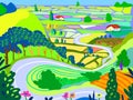 Nature. Cute vector illustration, summer landscape and road, fields and houses. Italy or Provence. Natural background, village, fo Royalty Free Stock Photo