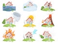 Nature disaster damage. Fire volcano water wind tree destruction tsunami vector cartoon pictures