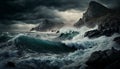 Nature drama Dark cliff crashing waves overcast sky generated by AI Royalty Free Stock Photo