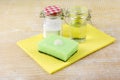 Nature and eco friendly natural cleaner baking soda and olive oil paste on washing sponge.