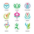 Nature ecology vector logo set. Human character sign. Green leaves symbol. Positive development icons. Design elements. Royalty Free Stock Photo