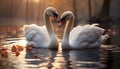 Nature elegance reflected in the tranquil pond, swans in love generated by AI