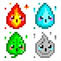 Nature elementals vector pixel art. Four classical elements - earth, water, air, fire. Cute game design icons