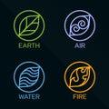 Nature 4 elements circle line logo sign. Water, Fire, Earth, Air. on dark background. Royalty Free Stock Photo
