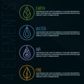 Nature 4 elements circle logo sign. Earth, Water, Fire, Air. on dark blue background. Royalty Free Stock Photo
