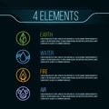 Nature 4 elements circle logo sign. Water, Fire, Earth, Air. on dark background. Royalty Free Stock Photo