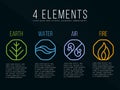 Nature 4 elements in octagon icon border sign. Water, Fire, Earth, Air. on dark background.