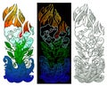 Nature elements, tattoo illustration of fire, air, plants & water