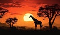 animal safari wildlife wild nature africa giraffe elephant silhouette sunset. Generative AI. Royalty Free Stock Photo