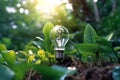 Nature-Energized: Light Bulb amidst Green Leaves. AI