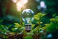 Nature-Energized: Light Bulb amidst Green Leaves. AI