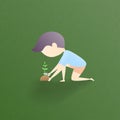 Nature and environmental conservation concept. A boy planting a tree on green background. Vector illustration for poster,