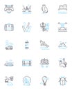 Nature escape linear icons set. Forest, Waterfall, Mountains, Wildlife, Sunrise, Sunset, River line vector and concept