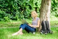 Nature essential wellbeing and ability be productive. Girl work with laptop in park. Reasons why you should take your