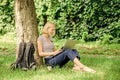 Nature essential wellbeing and ability be productive. Girl work with laptop in park. Reasons why you should take your