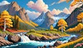 Nature fall autumn season color mountain meadow raging river