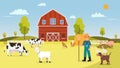 Nature farm with animal in summer.Farm with cows ,hen, goose, duck, pig, dog, goat, barn , farmer and hays. Royalty Free Stock Photo