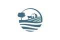 nature farm logo with a combination of a barn, field, cow, and tree with a beautiful view