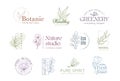 Nature farm logo, delicate emblem with leaves and flowers. Modern vegetarian life, nature food, fresh hand shapes