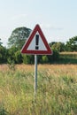 Road sign in the meadow. Long grass stalks