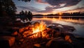 Nature flame dances in the sunset, igniting the tranquil campfire generated by AI