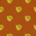 Nature food seamless pattern with simple pear silhouettes print. Dark orange dotted background