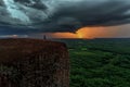 Nature force background - bright lightning in dark stormy sky in Mekong River of Tree rock Whale Mountain in Bungkan