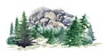 Nature forest scene. Watercolor illustration. Hand drawn rocky mountains, trees, bush. Wild landscape element. North