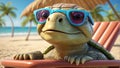 nature funny cartoon turtle on beach wearing sunglasses