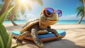 nature funny cartoon turtle on beach wearing sunglasses happy