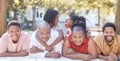 Nature, garden and portrait of a happy black family relaxing together while on summer vacation. Smile, park and positive Royalty Free Stock Photo