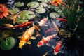 Nature goldfish koi water garden red fishes colorful lake pond carp Royalty Free Stock Photo