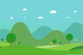 Nature green hills landscape with mountain.Vector illustration.Rural scene flat design.Spring garden with sky Royalty Free Stock Photo