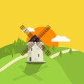 Cartoon flat illustration - the European natural landscape with a windmill