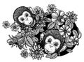 Nature hand drawing monkey flowers and butterfly sketch black and white isolated on white background