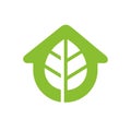 Nature house logo design, house building and green leaf icon, eco home vector art Royalty Free Stock Photo