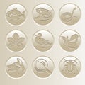 Nature icon collection. Icons with a fish, a frog, a snake, a duck, a dog, a beetle, a leaf, a magnifying glass, a pear.