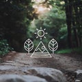 Nature icon featuring a mountain, sun, and trees set against a blurred forest path Royalty Free Stock Photo