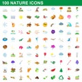 100 nature icons set, cartoon style Royalty Free Stock Photo