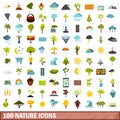 100 nature icons set, flat style Royalty Free Stock Photo