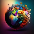 nature illustration bouquet of flowers around the planet sphere wallpaper for your phone.