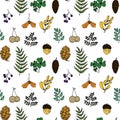 Nature illustration. Natural materials. Forest postcard. Forest fruits, leaves, branches. Seamless pattern.