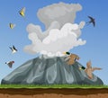 Nature illustration with small birds flying in blue skies scared of smoking vulcan. Ducks, swallows, tomtits and