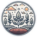 Nature Illustration Tree Seedling Graphic Scene Cloud Sun in Circle Outline Art Royalty Free Stock Photo