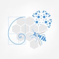 Nature inspiration icon. Vector illustration of honeycombs, bee, fibonacci spiral and fullerene molecule
