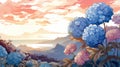 Nature-inspired Art Nouveau: Blue Flowers And Sunset Scenery Royalty Free Stock Photo