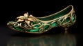 Nature-inspired Art Nouveau Green Shoe With Metal Carving And Emerald Inlays