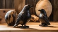 Nature-inspired Black Crow Statue On Wooden Table